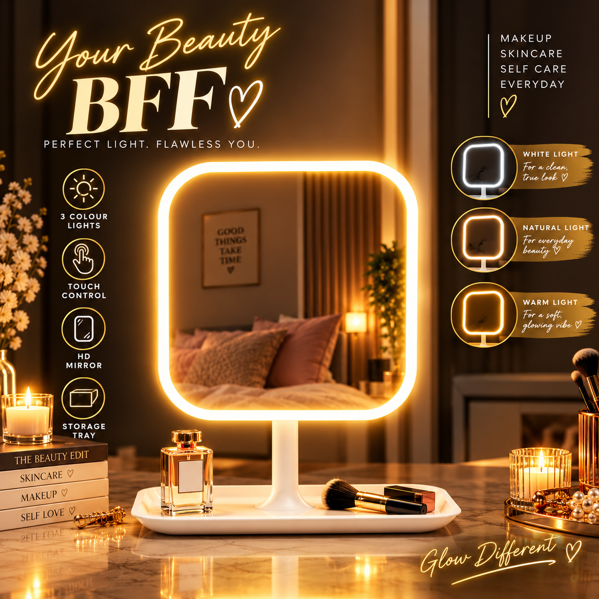 LED Makeup Mirror, Vanity Mirror with Front Light, 3 Light Modes Rechargeable Makeup Cosmetic Mirror